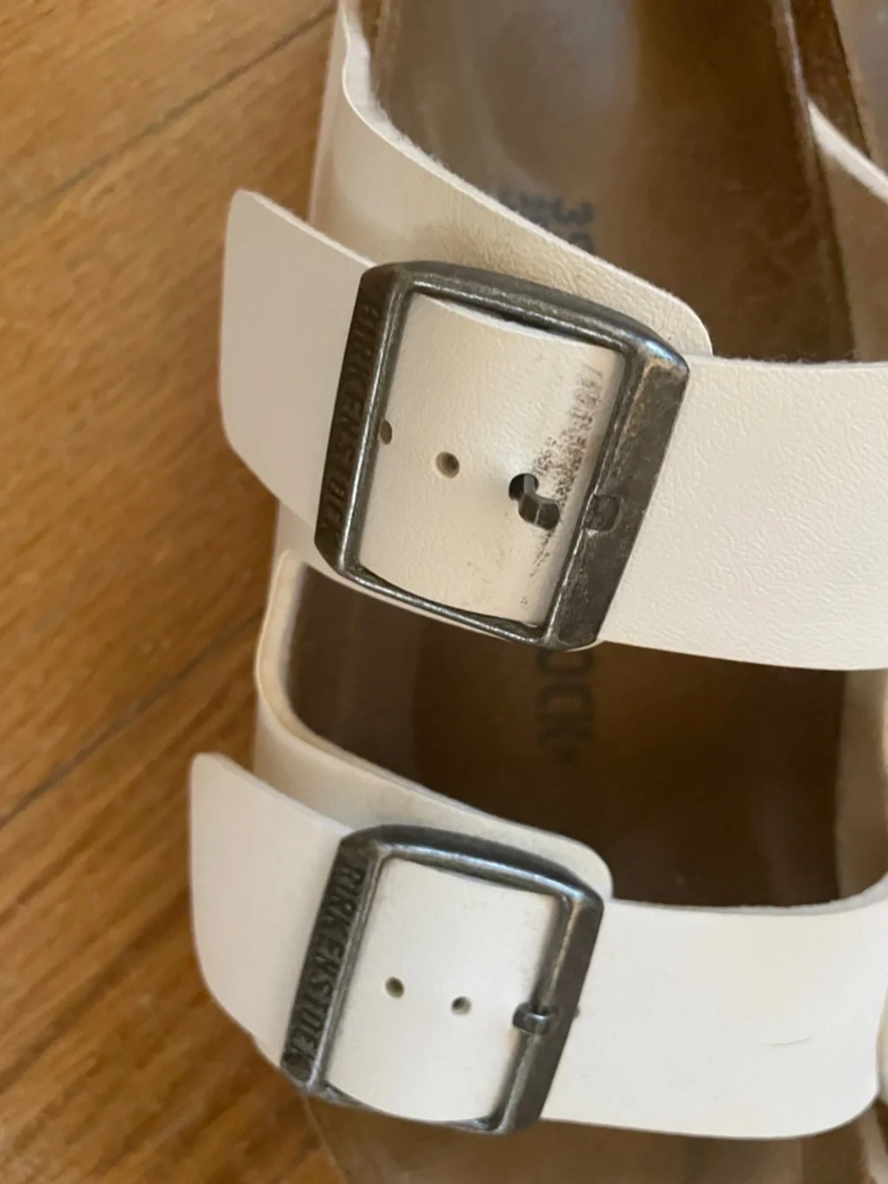 Birkenstock White Double-Strap Sandals with Silver Buckles 8 EUC - Picture 4 of 8